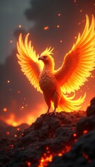 A majestic phoenix rises from fiery lava, embodying rebirth and strength, perfect for fantasy themes, storytelling, and inspirational visuals.