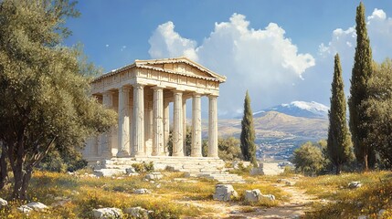 Ancient Greek temple with massive marble columns, surrounded by an olive grove 