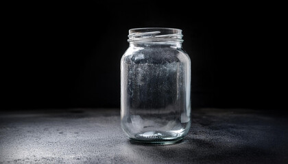 empty dirty glass jar on a black heritage with stains and shadows excessive perspective