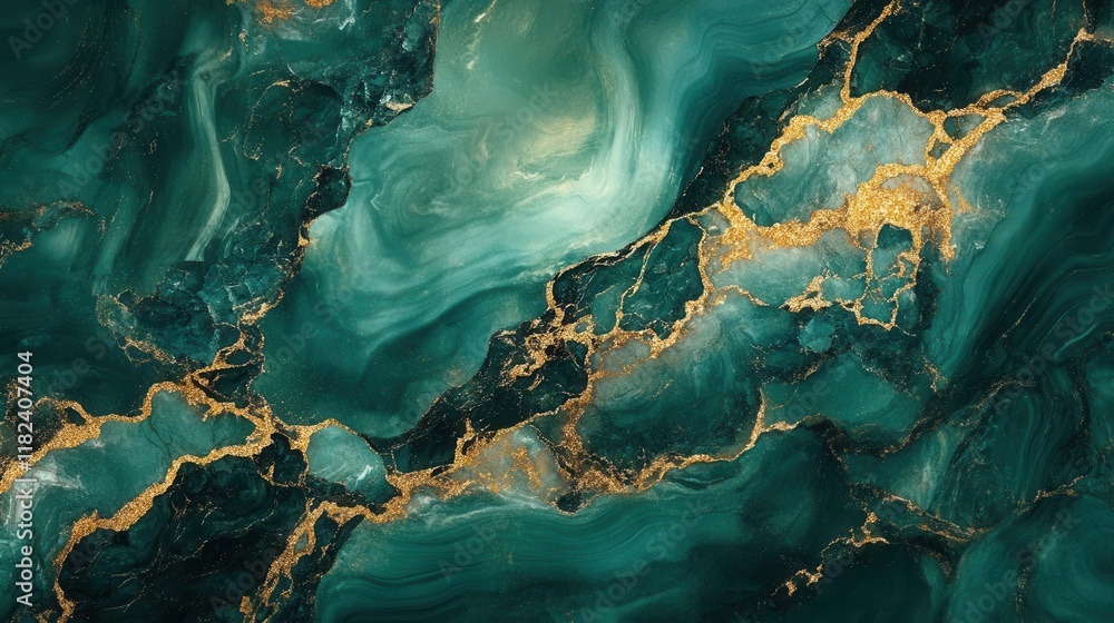 Poster luxurious emerald green marble texture with elegant gold veining creating sophisticated abstract pat