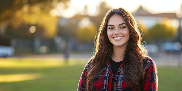 friendly female student standing on high school campus 
