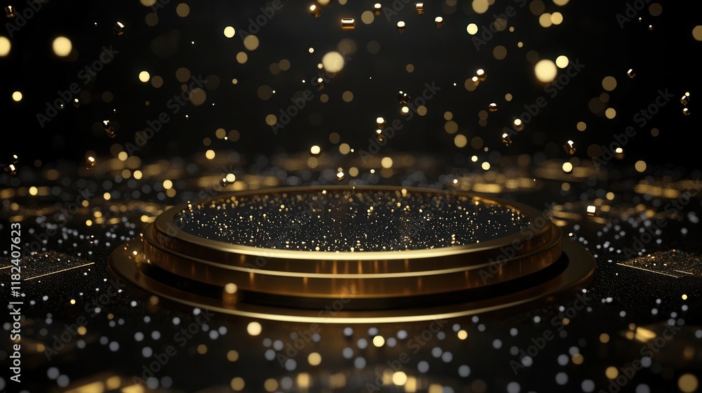 Aufkleber luxurious product display platform with golden geometric elements and floating particles, abstract 3