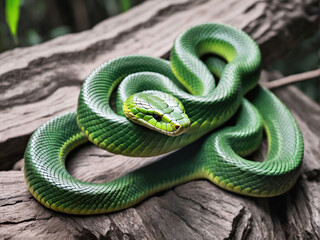 Fototapeta premium Cartoon wooden green snake in nature.