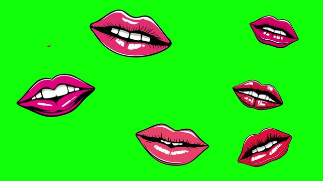 kissing lips animation. pop up lips looping motion on green screen animated 4k chroma key