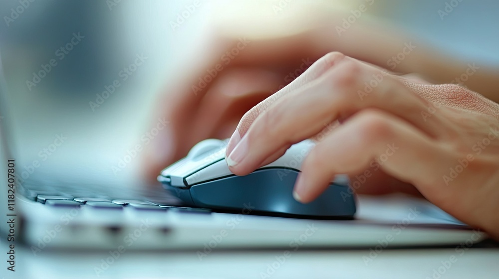 Poster a person clicking a mouse while typing on a laptop, multitasking at work.