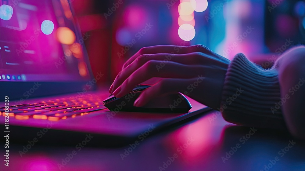 Poster a person clicking a mouse while typing on a laptop, multitasking at work.