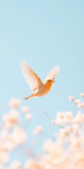 Robin in Flight Over Pastel Blossoms A Serene Spring Awakening