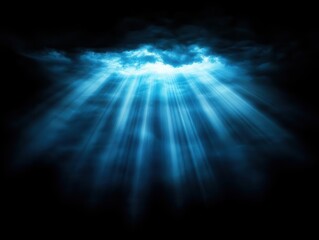 Obraz premium dramatic natural sunbeams breaking through dark clouds creating ethereal light rays against deep black background with atmospheric depth