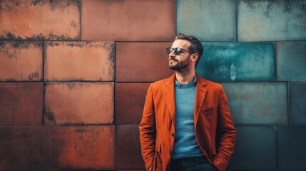 Obraz premium man wearing orange jacket and sunglasses standing outdoors in bright sunlight 