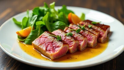 Pan-seared tuna steaks on a plate with fresh mixed greens salad and citrus vinaigrette, tuna steak, plate, kitchen