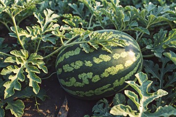 Ripe Watermelon Growing in Lush Green Field Summer Harvest