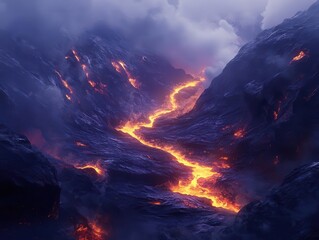dramatic volcanic landscape with glowing lava streams and steam rising through dark rocky crevices in abstract composition