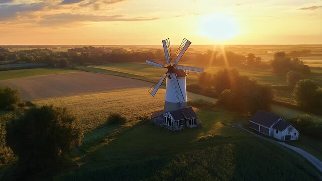 Sunrise over Rural Landscape Featuring a Windmill and Farm Buildings