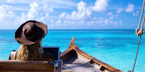 Obraz premium female pirate on wooden ship overlooking tropical beach using laptop -