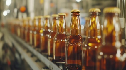 modern automated beverage production facility with bottles moving along industrial conveyor belt showing manufacturing process in detail