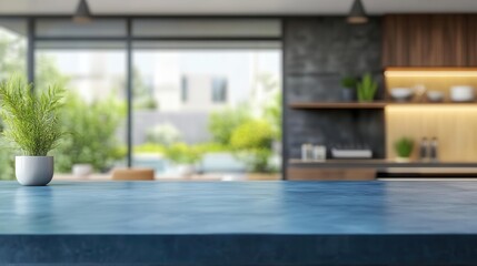 Fototapeta premium modern kitchen interior with empty blue countertop surface for product display against stylishly blurred contemporary home background design