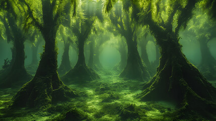 A submerged forest with algae-covered trees, with eerie light filtering through murky waters as the background, during a haunting underwater scene