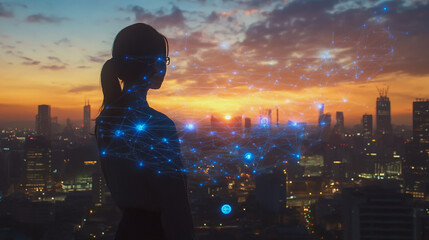 Abstract business woman stands on the peak of success amid tall, innovative Smart city and graphs with statistics to analyze business potential and predict future developments in company growth.