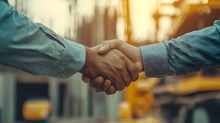 An engineer and businessman shake hands at a construction site.