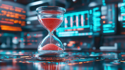 futuristic hourglass with glowing sand in tech environment