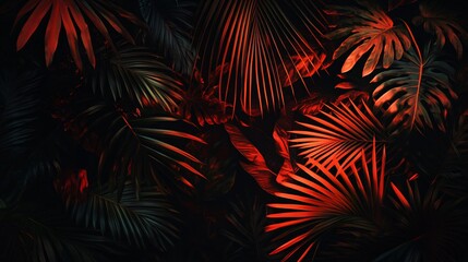 Dark Tropical Leaves Background Red Palm Leaves Lush Foliage