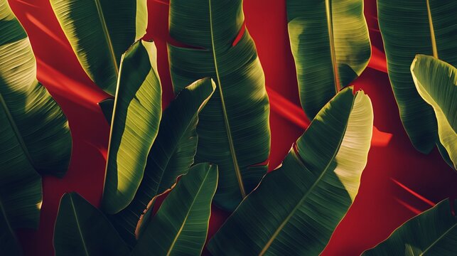 Vibrant Green Banana Leaves on Red Background Tropical Summer Pattern - Powered by Adobe