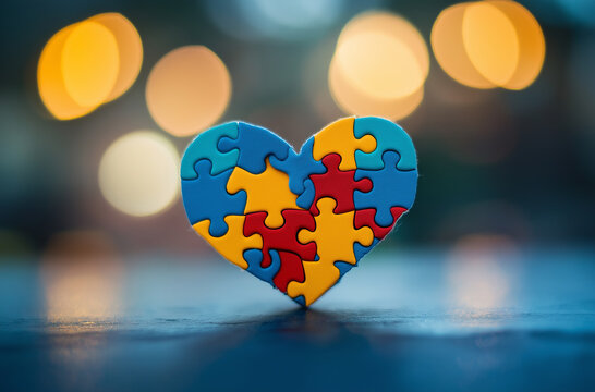 Colorful puzzle pieces forming the shape of a heart for autism awareness