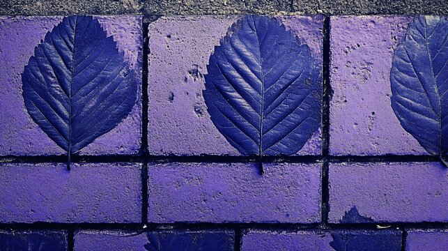 Purple Brick Wall with Dark Leaf Imprints Autumnal Nature Texture