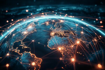 Fototapeta premium Global network, illuminated planet, interconnected lights.