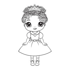 A cute little princess in a dress with a crown. A coloring book page with a colorful template for children. Vector isolated illustration. For coloring, printing, games, parties, design