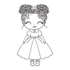 A cute little princess in a dress with a crown. A coloring book page with a colorful template for children. Vector isolated illustration. For coloring, printing, games, parties, design