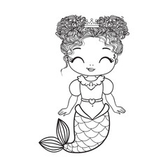 Coloring book for children. Cute cartoon mermaid. Funny beautiful little sea princess. Kids comic print for little girl. Vector illustration.