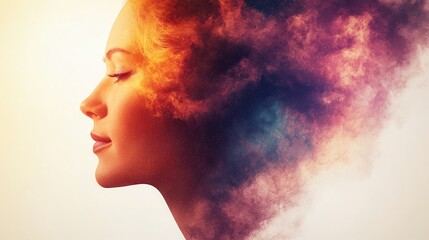 A woman's serene profile merges with a cosmic nebula. Ideal for album covers, book illustrations, or website banners.