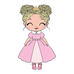 The princess is a sweet little princess. A hand-drawn beautiful, pretty, romantic curly-haired girl Princess. Vector illustration.