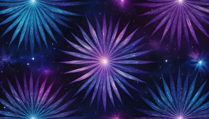 Fototapeta premium Abstract cosmic floral pattern with vibrant purple and blue flowers against a starry night sky background.