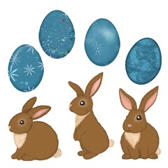 Isolated illustration of three brown hare bunny rabbit and four blue eggs