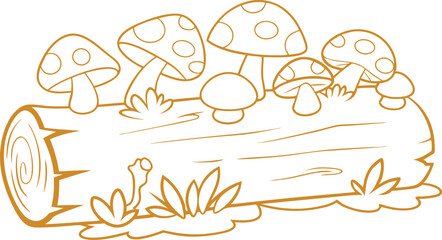 Detailed Line Art of Mushrooms on a Log - Botanical Illustration