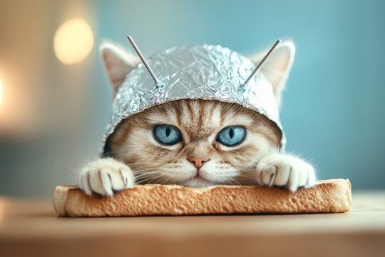 Grumpy cat wearing tin foil hat protecting from 5g and eating toast