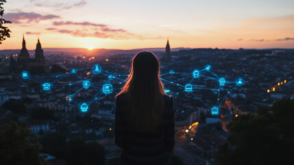 Abstract business woman stands on the peak of success amid tall, innovative Smart city and graphs with statistics to analyze business potential and predict future developments in company growth.