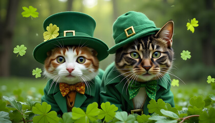 A couple of funny cats dressed in a festive green leprechaun costume celebrate St. Patrick's Day. Surrounded by a four-leaf clover and a bokeh background, this image brings good luck. Copy space.