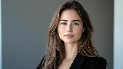 Fototapeta premium Young woman, long brown hair, dark jacket, neutral background.