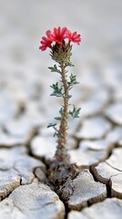 Vibrant red flower emerges from cracked desert ground in heart shape, showcasing resilience in harsh environment during bright daylight