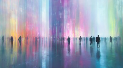 Silhouettes walk through a vibrant futuristic cityscape. Ideal for website banners book covers or music album art showcasing themes of technology future and urban life.