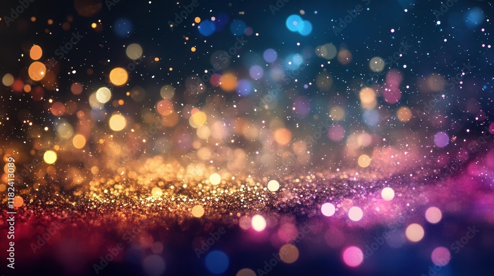 Poster spectacular multicolored glitter explosion creating magical celebratory atmosphere with floating spa