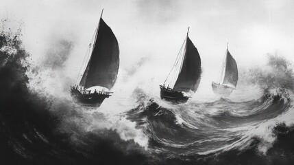 Fototapeta premium Three sailing ships navigate rough seas in a dramatic monochrome image.