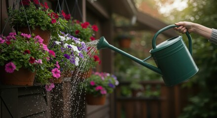 Person watering colorful hanging flowers with green watering can