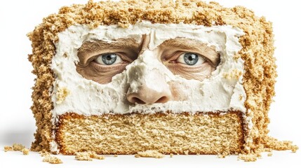 A man's face is frosted into a cake. Perfect for ads, social media, and websites related to dessert, birthdays, or humor.