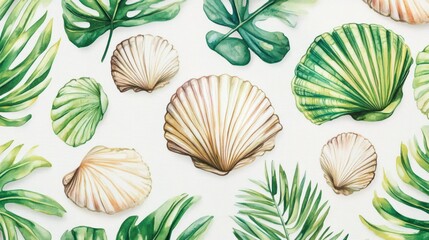 Tropical leaves and seashells on white background. (1)