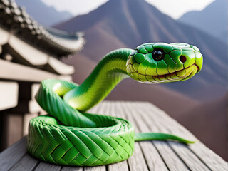Fototapeta premium Cartoon wooden green snake in nature.