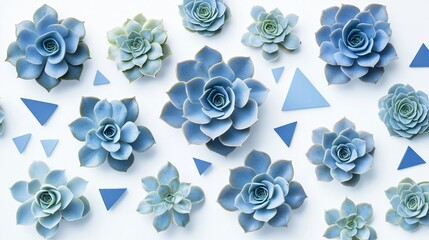 Blue Succulents Geometric Pattern Flatlay